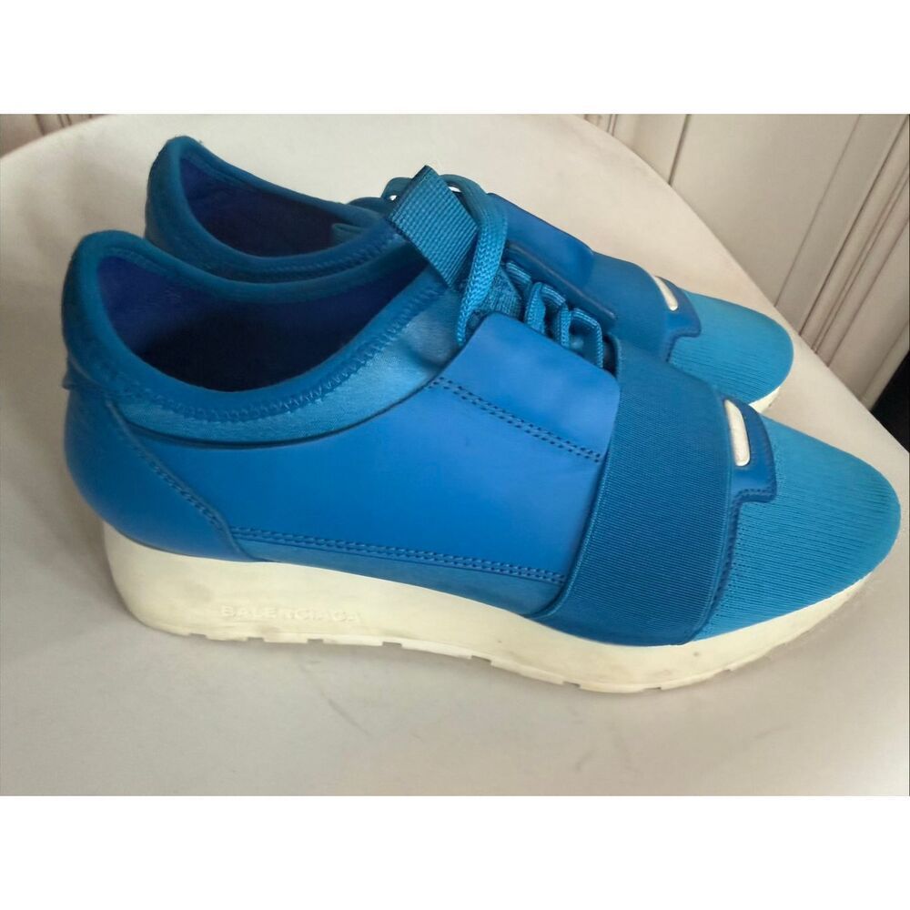 Balenciaga Women's Race Runner Black Leather Mesh Lace Up Sneakers Blue Size 37